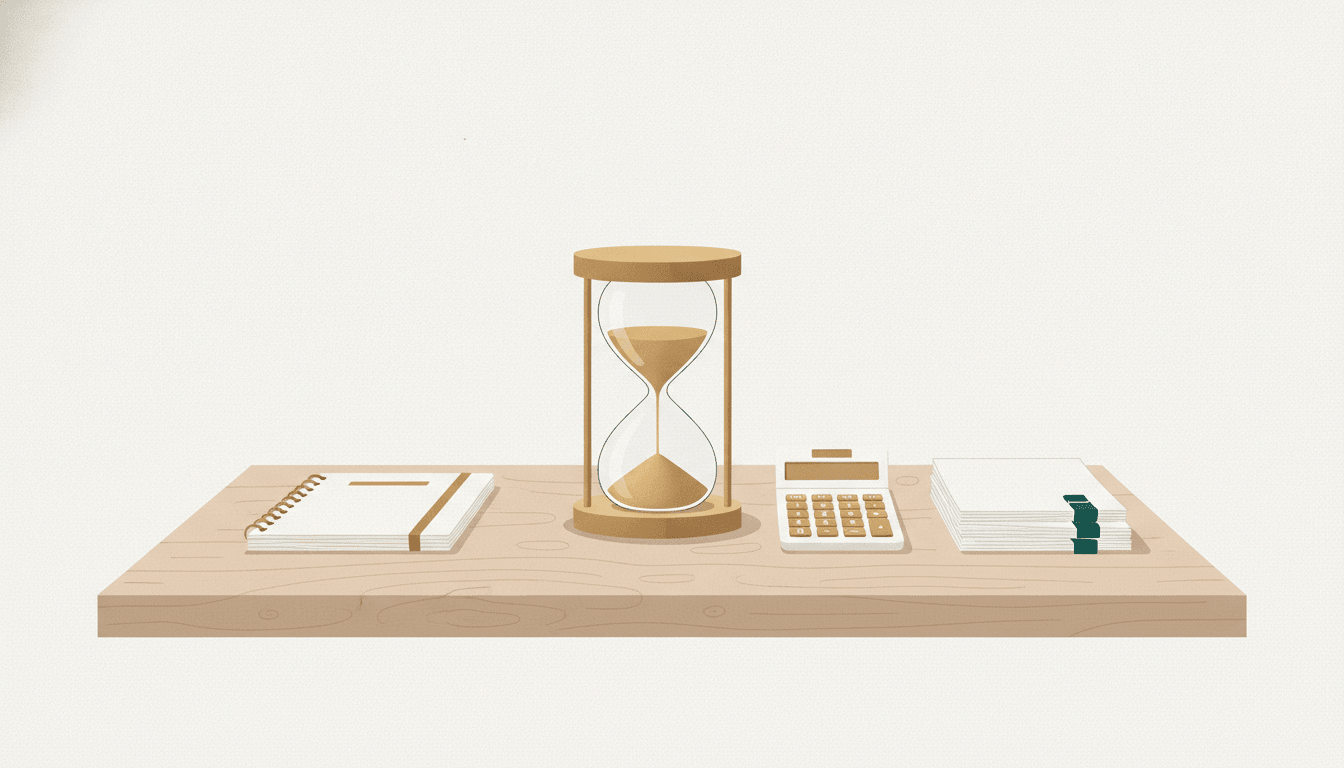Ilustração editorial: ampulheta, caderno, calculadora e papéis sobre uma mesa