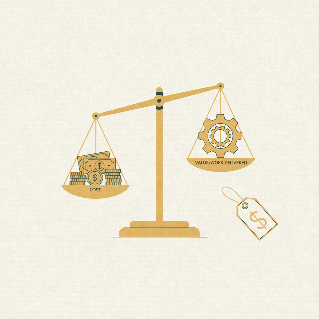 Ilustracao editorial de precificacao: balanca de pratos equilibrada com etiqueta de preco