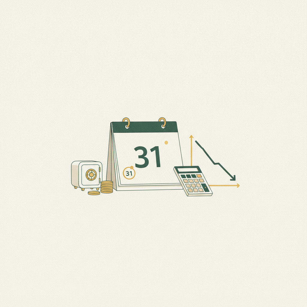 Calendario com o fim do mes em alerta e uma projecao de caixa descendo, ilustracao editorial dourada e verde